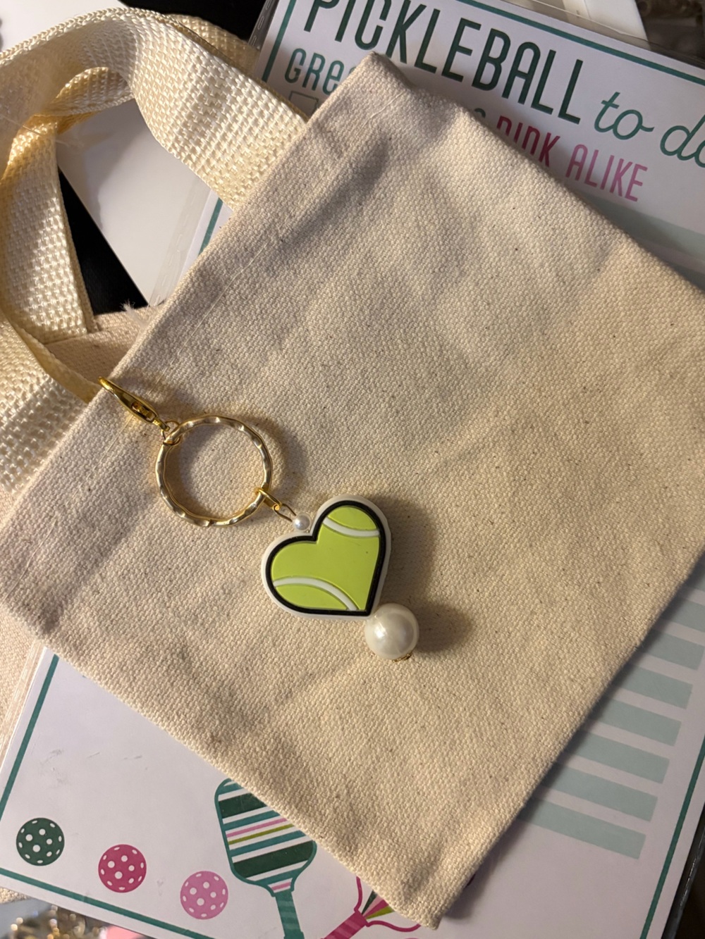 Neutral Canvas Tote with Lime Heart Keychain Accent